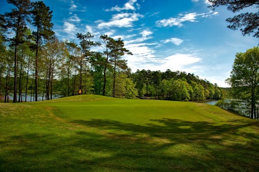 pexels-photo-164250-164250 Beautiful golf course surrounded by trees and lake under a clear blue sky.